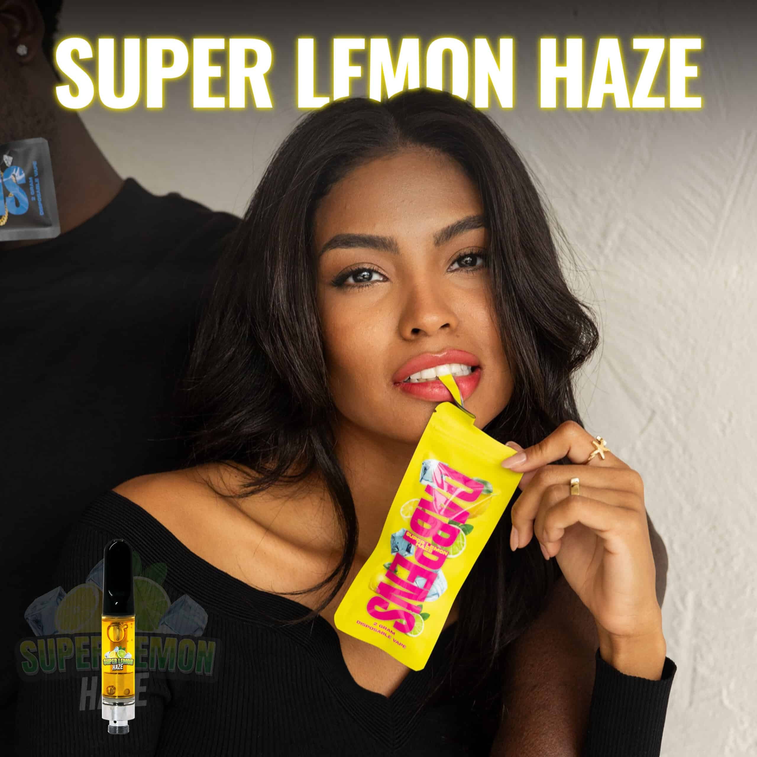 Super Lemon Haze vape strain displayed in a DABPENS package as a women is tearing the top.