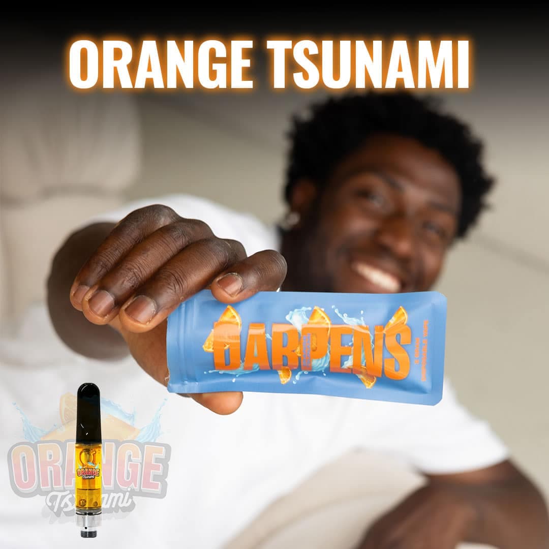 Orange Tsunami 1G vape pen package held by a person, showcasing the sleek design and branding of DabPens.