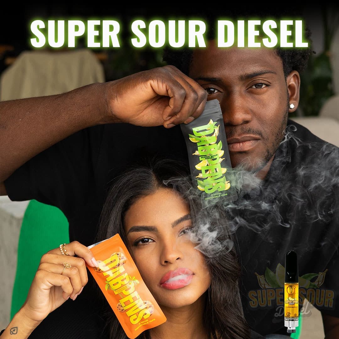 Super Sour Diesel vape pen being carried inside DABPENS packaging by a man and woman.