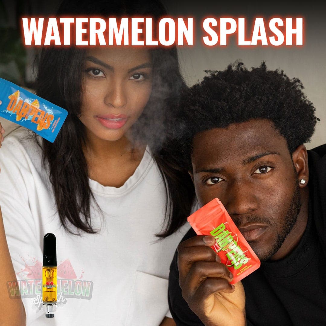 Users holding the Watermelon Splash Vape cartridge DABPENS package in an indoor setting, enjoying the fruity flavor experience.