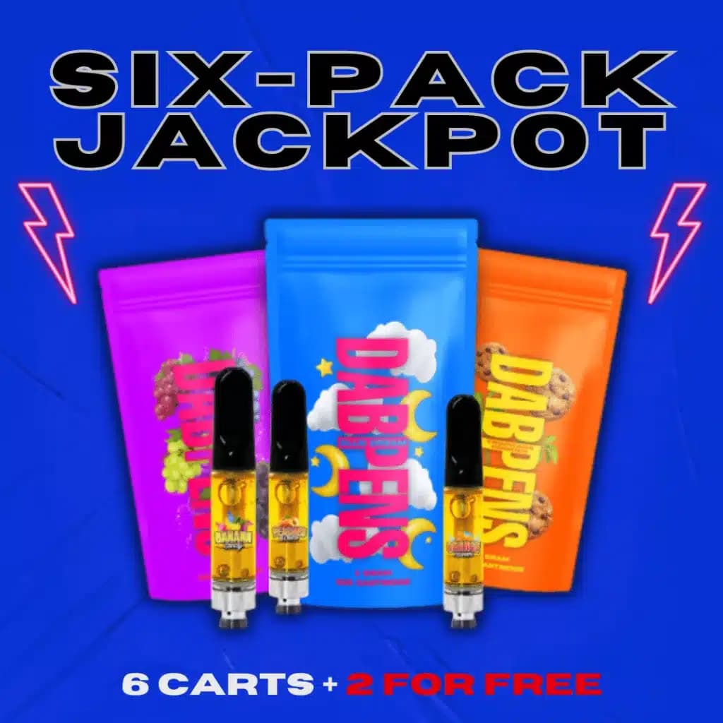 Promotional graphic for Buy 6 Get 2 Free deal on THC vape cartridges