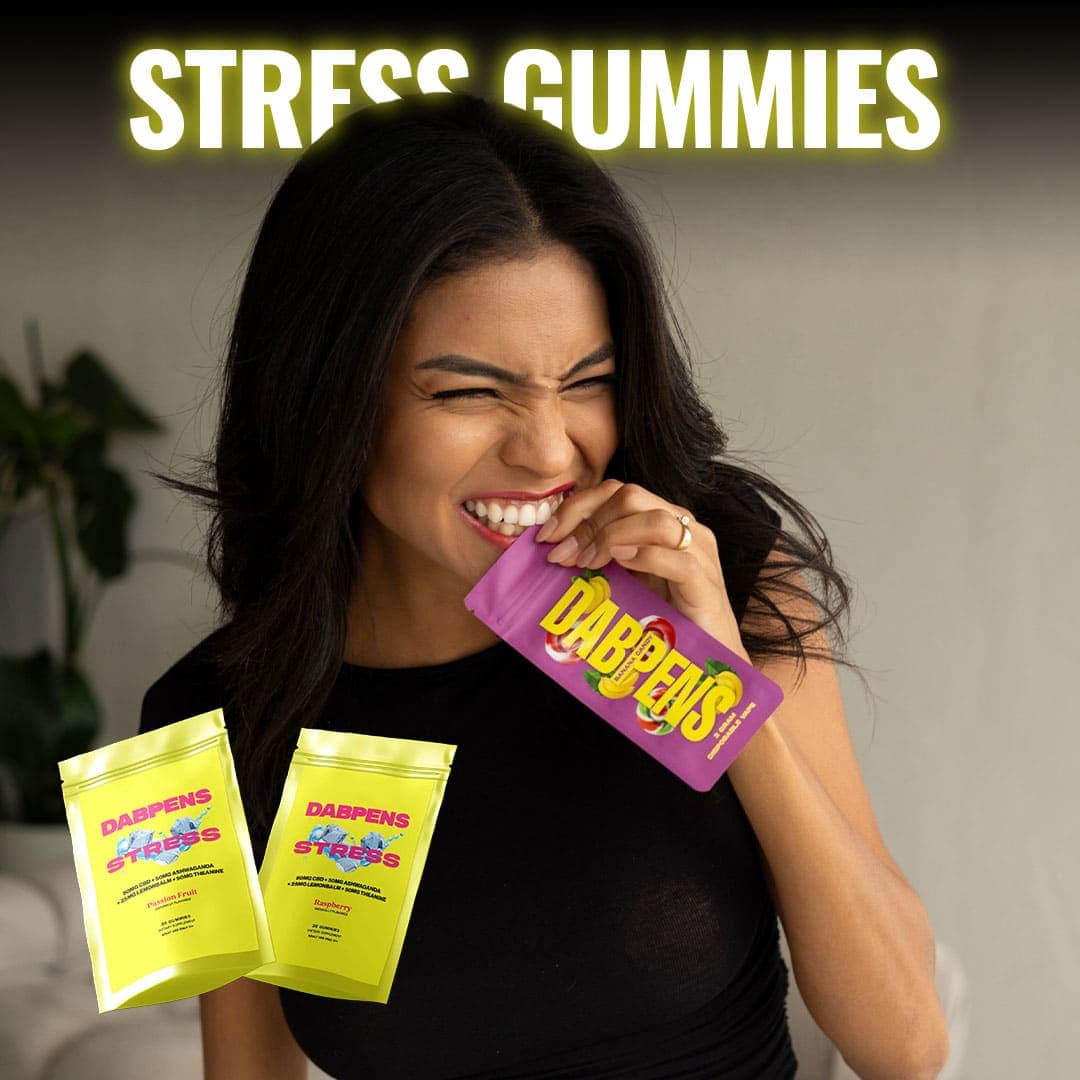 Woman enjoying CBD stress gummies for relaxation and stress relief.
