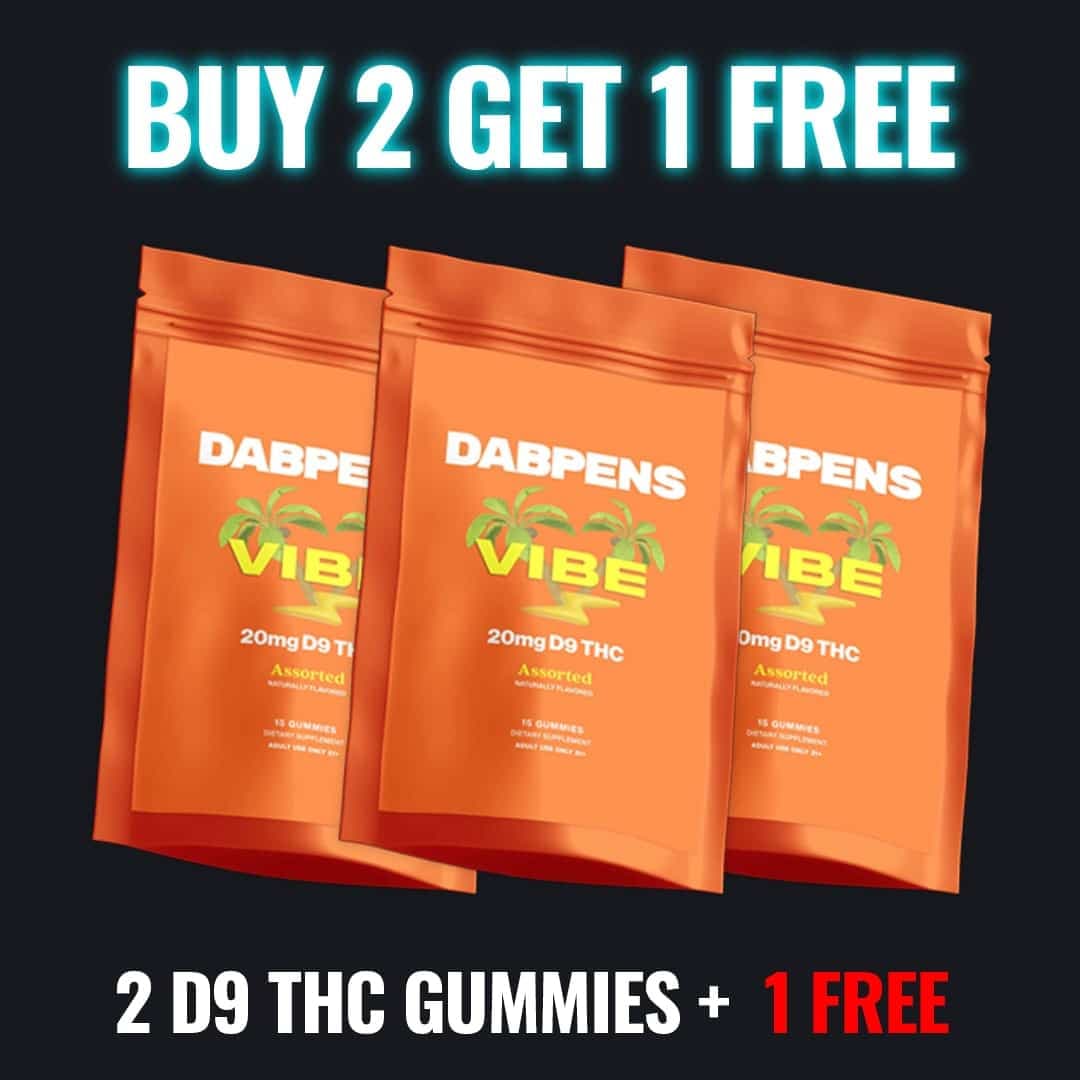 Colorful THC gummies showcasing the Buy 2 Get 1 Free Gummies promotion