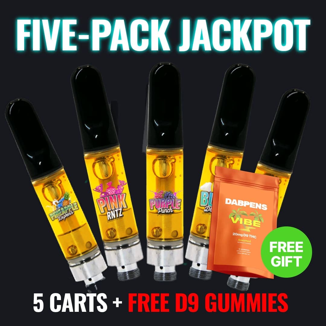 5 vape cartridges with a pack of free Delta-9 gummies promotion